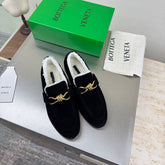 BOTTEGA VENETA 26S LOAFERS IN BLACK SUEDE AND WHITE WOOL WITH GOLD HARDWARE