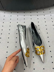 POINTED BB GOLD BUCKLE BALLET FLAT IN SILVER METALLIC SHINY CALFSKIN