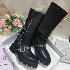 CD ZIPPER BUCKLE BOOTS IN BLACK CALFSKIN