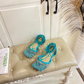 LACE-UP FLAT SANDAL IN CERULEAN BLUE METALLIZED MESH AND LEATHER WITH RHINSTONES