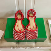 LACE-UP FLAT SANDAL IN RUBY RED METALLIZED MESH AND LEATHER WITH RHINSTONES