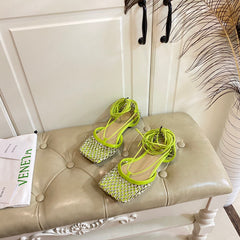 LACE-UP FLAT SANDAL IN NEON YELLOW METALLIZED MESH AND LEATHER WITH RHINSTONES