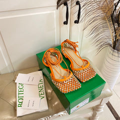 LACE-UP FLAT SANDAL IN VIVID ORANGE METALLIZED MESH AND LEATHER WITH RHINSTONES