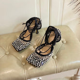 LACE-UP SANDAL IN BLACK METALLIZED MESH AND LEATHER WITH RHINSTONES 9 CM