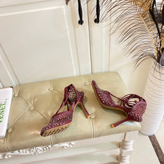 LACE-UP SANDAL IN SANGRIA RED METALLIZED MESH AND LEATHER WITH RHINSTONES 9 CM