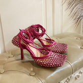 LACE-UP SANDAL IN PUNCH PINK METALLIZED MESH AND LEATHER WITH RHINSTONES 9 CM