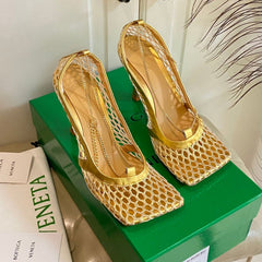 STRETCH LACE-UP SANDAL IN GOLD METALLIZED MESH AND LEATHER 9 CM