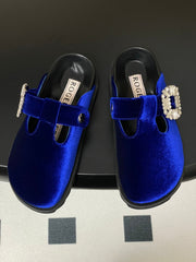 ROGER VIVIER 25S VIV' RANGERS MULES IN DARK BLUE VELVET EMBELLISHED CRYSTALS