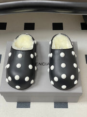 BALENCIAGA 25S FUR-LINED MULES IN BLACK AND WHITE FAUX LEATHER