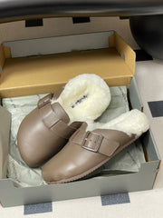 BALENCIAGA 25S FUR-LINED MULES IN TAUPE GRAY FAUX LEATHER