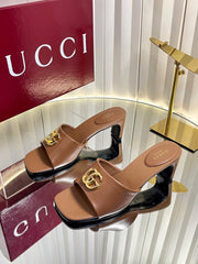 GUCCI 26S HIGH-HEELED SANDALS 45 MM IN BROWN CALFSKIN
