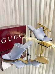 GUCCI 26S HIGH-HEELED SANDALS 100 MM IN GRAYISH BLUE SATIN