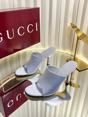 GUCCI 26S HIGH-HEELED SANDALS 100 MM IN GRAYISH BLUE SATIN