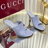 GUCCI 26S HIGH-HEELED SANDALS 100 MM IN GRAYISH BLUE SATIN