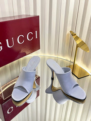 GUCCI 26S HIGH-HEELED SANDALS 100 MM IN GRAYISH BLUE SATIN