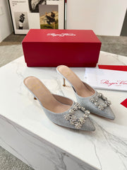 EFFLORESCENCE MULES IN SILVER SATIN EMBELLISHED GLITTER