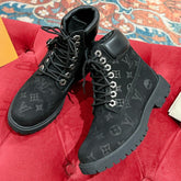 LV X TIMBERLAND ANKLE BOOT IN BLACK MONOGRAM SUEDE