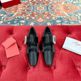 MARY JANES IN BLACK SATIN WITH CRYSTAL SQUARE BUCKLE