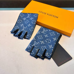 FINGERLESS GLOVES IN ELECTRIC BLUE MONOGRAM DENIM AND BLACK LAMBSKIN 460107