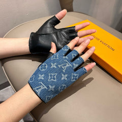 FINGERLESS GLOVES IN ELECTRIC BLUE MONOGRAM DENIM AND BLACK LAMBSKIN 460107