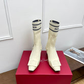 BELLE VIVIER SOCK LACQUERED BUCKLE ANKLE BOOTS IN OFF WHITE CALFSKIN AND TECHNICAL FABRIC