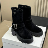 PRADA 25S PLATFORM ANKLE BOOTS IN BLACK SUEDE WITH SILVER HARDWARE