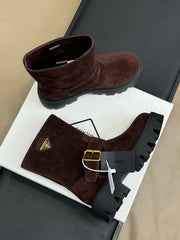 PRADA 25S PLATFORM ANKLE BOOTS IN DARK BROWN SUEDE WITH GOLD HARDWARE