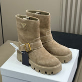 PRADA 25S PLATFORM ANKLE BOOTS IN DARK BEIGE SUEDE WITH GOLD HARDWARE