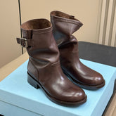 PRADA 25S ANKLE BOOTS IN BROWN CALFSKIN