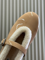 ALAIA 25S MARY JANE SHEARLING FLATS IN DARK NUDE GLOSSY CALFSKIN