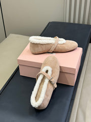 ALAIA 25S MARY JANE SHEARLING FLATS IN LIGHT BROWN SUEDE