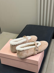 ALAIA 25S MARY JANE SHEARLING FLATS IN LIGHT BROWN SUEDE