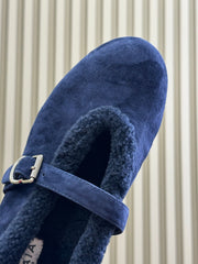 ALAIA 25S MARY JANE SHEARLING FLATS IN DARK BLUE SUEDE