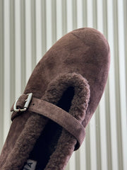 ALAIA 25S MARY JANE SHEARLING FLATS IN DARK BROWN SUEDE