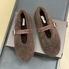 ALAIA 25S COZY MARY JANE SHEARLING FLATS IN DARK BROWN