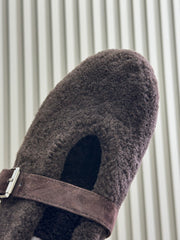 ALAIA 25S COZY MARY JANE SHEARLING FLATS IN DARK BROWN
