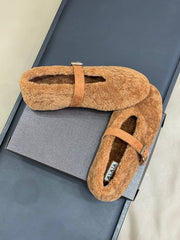 ALAIA 25S COZY MARY JANE SHEARLING FLATS IN CARAMEL