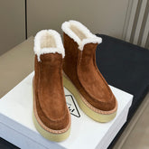 PRADA 25S PLATFORM ANKLE BOOTS 40 MM IN DARK BROWN SUEDE SHEARLING-LINED