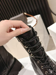 CELINE 25S HIGH HEELED LACE UP BOOTS 50MM IN BLACK CALFSKIN