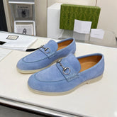 LOAFERS WITH SILVER HARDWARE IN CORNFLOWER BLUE SUEDE