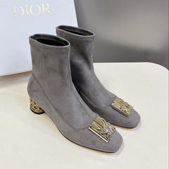ICON HEELED ANKLE BOOT DOVE GRAY SUEDE 4 CM WITH GOLD LOGO