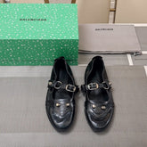 STUDDED MARY JANE FLATS IN BLACK SHINY LAMBSKIN