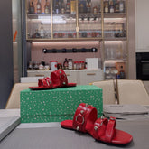 STRAPPY FLAT SANDALS IN RED STUDDED WAX-OIL SHEEPSKIN