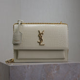 YSL 25S SUNSET MEDIUM 22 IN IVORY CROCODILE-EMBOSSED SHINY CALFSKIN GOLD HARDWARE