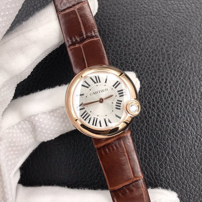 BALLON BLANC DE CARTIER QUARTZ ROSE GOLD BROWN LEATHER