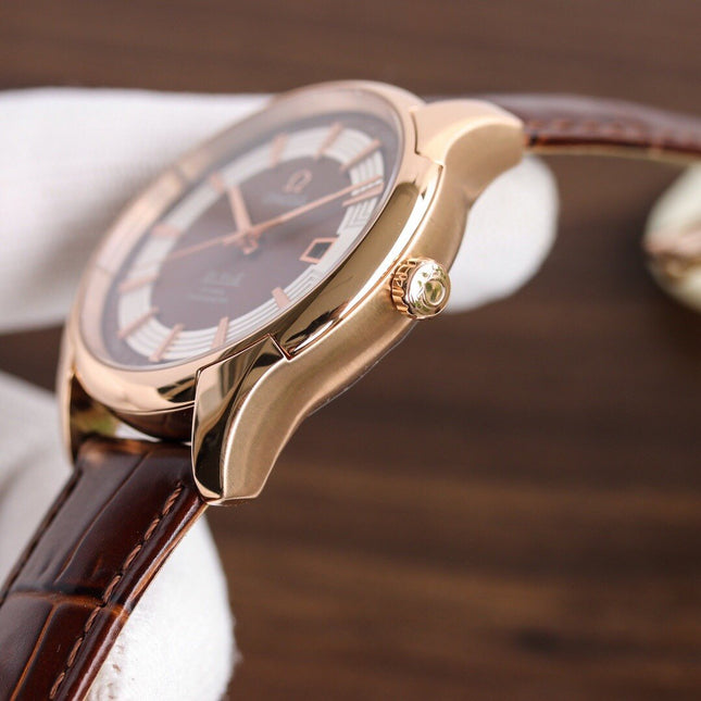 DE VILLE HOUR VISION 41MM ROSE GOLD CASE LEATHER STRAP