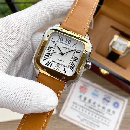 SANTOS 38MM GOLD STEEL AUTOMATIC LEATHER