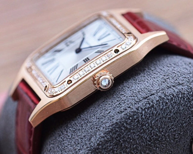 SANTOS DUMONT QUARTZ 33MM ROSE GOLD DIAMOND BEZEL