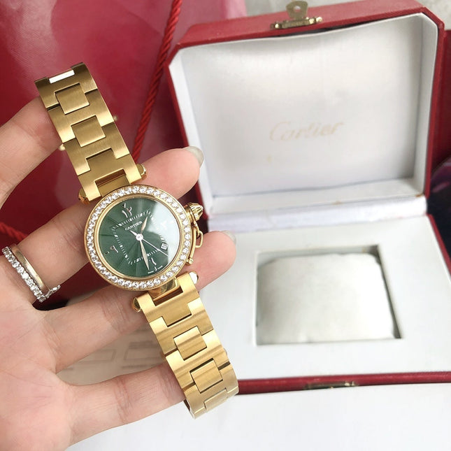 CARTIE PASHA 35MM QUARTZ GOLD CASE DIAMOND BEZEL BLUE DIAL