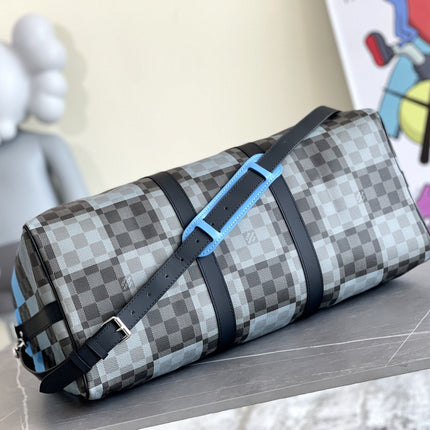 KEEPALL 50 BANDOULIERE BLUE DAMIER GRAPHITE